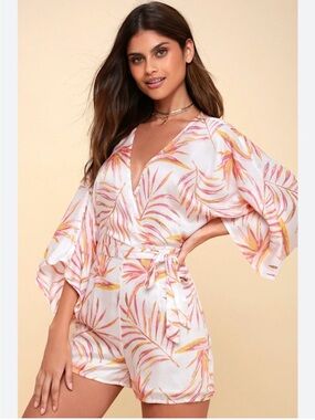 Amuse Society White Romper with Pink & Yellow Palm Print AZ0800